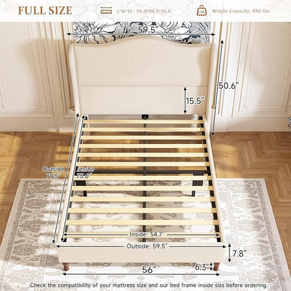 Full Size Bed Frame Upholstered Platform Bed with 51" Tall Headboard Wingback, Soft Fabric, Retro Simple Style Platform Bed No Box Spring Needed, Easy Assembly, Beige