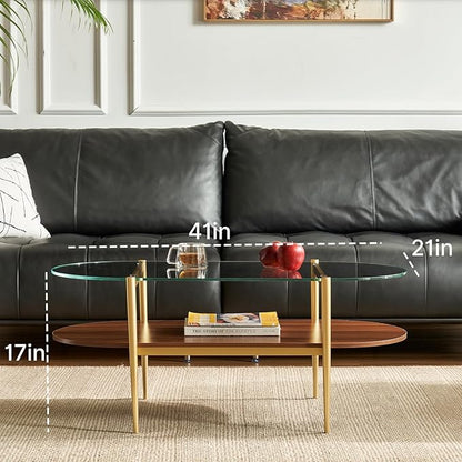 Saint Mossi Oval Glass Coffee Table for Small Living Room, Double Layer Glass and Wood Center Table, Clear Glass & Coffee Brown MDF Bottom Shelf, 41”x21 x17, Gold Table Legs