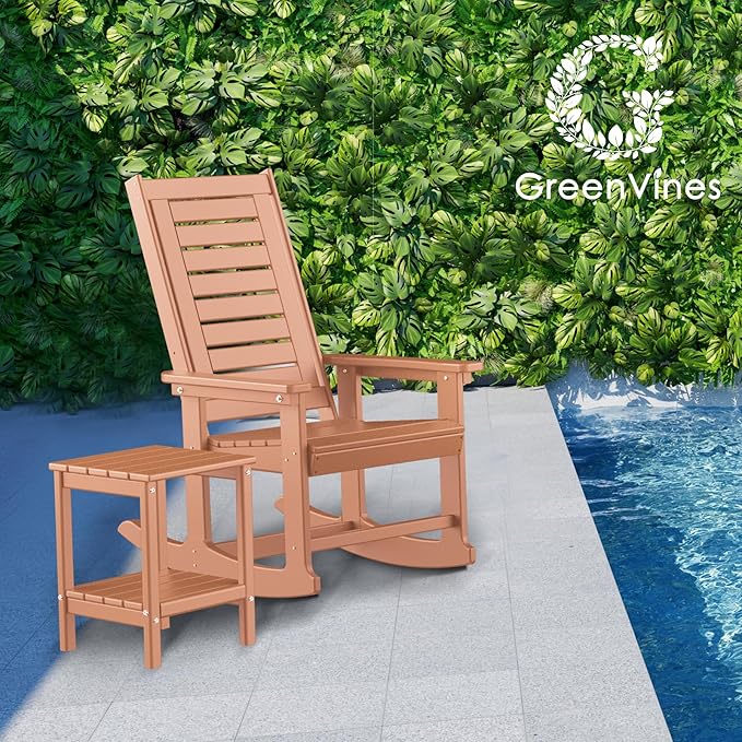 GREENVINES Outdoor Rocking Chair Set | 3-Piece | 2 Rocking Chairs with 1 Side Table | Porch Rocker | HDPE Plastic | Teak | Patio Furniture Sets | High Back | Big & Tall | Ladder Back