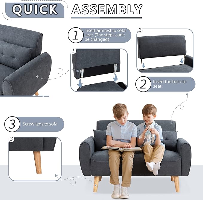 Shintenchi Small Modern Loveseat Couch Sofa, Mid Century Fabric Upholstered 2-Seat Sofa Couch Love Seats, Dark Grey