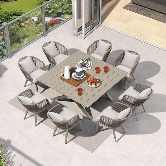 PURPLE LEAF 9 Pieces Outdoor Metal Furniture Set Patio Conversation Sets Dining Table Set, 1 Square Dining Table and 8 Modern Chairs with Cushions Seat Champagne