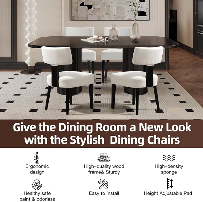 Dining Chairs Set of 4, Fabric Upholstered Wood Kitchen Chairs, Armless Linen Curved Backrest Farmhouse Modern Dining Chairs with Foot Pad for Kitchen/Living Room/Restaurant/Cafe-Beige