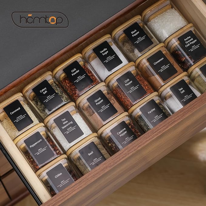 24Pcs 4oz Spice Jars with 275 Labels, Small Seasoning Glass Container Empty Organizer with Bamboo Lid Set for Pepper, Salt, Sugar