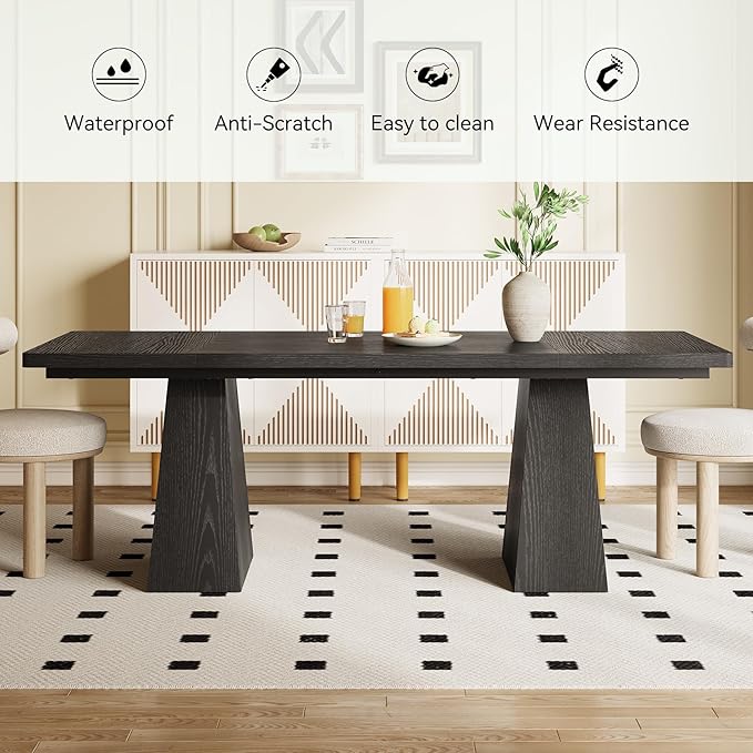 LITTLE TREE Dining Table for 6 People, Wooden Table, Rectangle Furniture with Heavy Duty Legs, Modern Kitchen Table for Home, Dining Room, Black