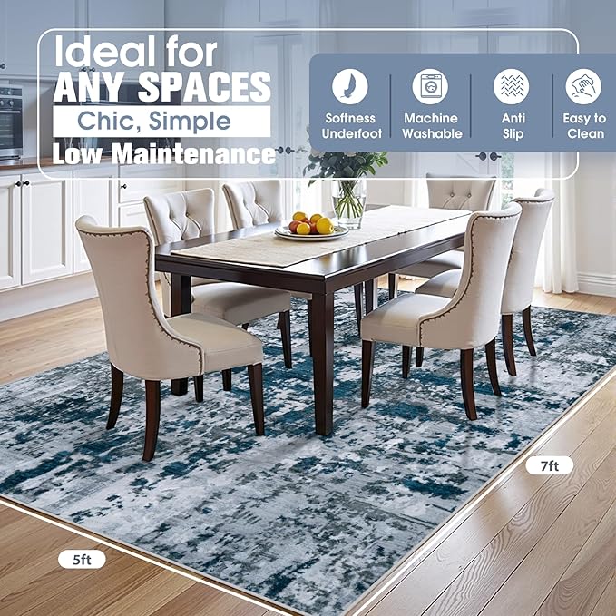 5x7 Area Rugs for Living Room Rug Washable: Abstract Rug for Dining Room Bedroom Carpet Non Slip 5 by 7 Indoor Modern Nursery Home Office Navy Grey