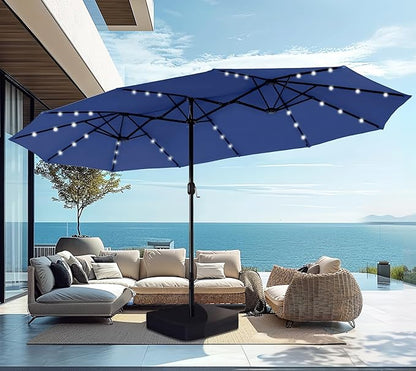 PHI VILLA 15ft Large Patio Umbrella with Solar Lights, Double-Sided Outdoor Market Rectangle Umbrellas with 36 LED Lights, Umbrella Base (Stand) Included, Haze Blue
