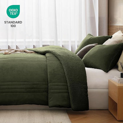 Monbix Fluffy Queen Comforter Set Olive Green, Sherpa Plush Fuzzy Comforter 3 Piece for Queen Size Bed, Luxury Soft Winter Warm Bedding Set