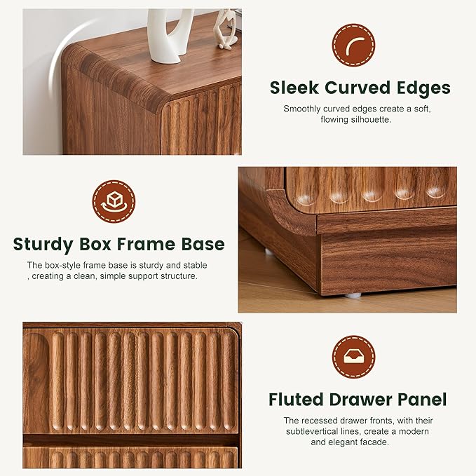 Turtle&Myrtle Fluted 3 Drawer Dressers for Bedroom, 31.5" Wide Large Mid Century Modern Nightstand W/3 Storage Drawers, Wood Dresser & Chest of Drawers with Curved Profile for Living Room (Walnut)