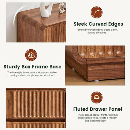 Fluted 3 Drawer Dressers for Bedroom, 31.5" Wide Large Mid Century Modern Nightstand 2 Sets W/3 Storage Drawers , Wood Dresser & Chest of Drawers with Curved Profile for Living Room (Walnut)