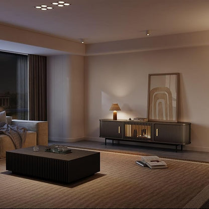 POVISON Sliding Tambour Door TV Stand with LED Lights, Mid Century Modern TV Console, Wood Media Console, Entertainment Center with Storage Cabinet, Fully-Assembled (Black, 78.74")