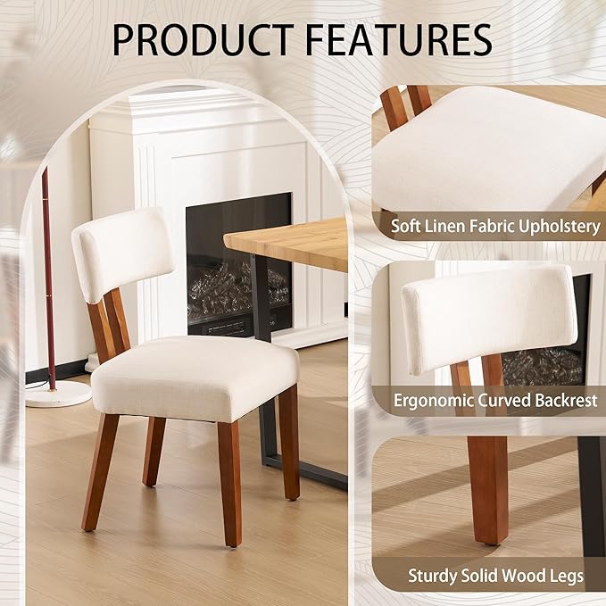 MOJAY Dining Chairs Set of 4, Mid Century Modern Kitchen Chair Linen Fabric Side Chairs with Curved Backrest for Kitchen, Dining Room, Restaurant, or Patio, Off-White