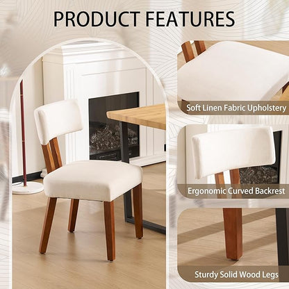 MOJAY Dining Chairs Set of 4, Mid Century Modern Kitchen Chair Linen Fabric Side Chairs with Curved Backrest for Kitchen, Dining Room, Restaurant, or Patio, Off-White