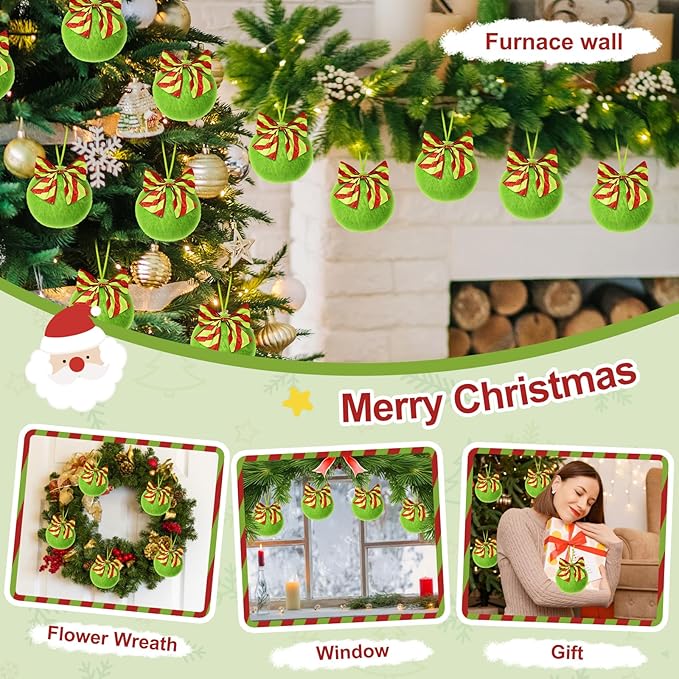 36 Pcs Lime Green Furry Christmas Ball Ornaments，3.15 Inch Xmas Tree Green Christmas Hanging Decorations Soft Faux Fur Pom Pom Ball Ornaments for Home Party Supplies Fireplace Mantel Wall Decor