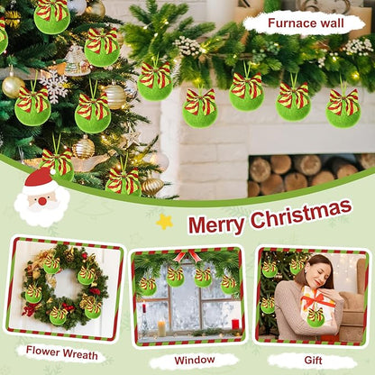24 Pcs Lime Green Furry Christmas Ball Ornaments，3.15 Inch Xmas Tree Green Christmas Hanging Decorations Soft Faux Fur Pom Pom Ball Ornaments for Home Party Supplies Fireplace Mantel Wall Decor