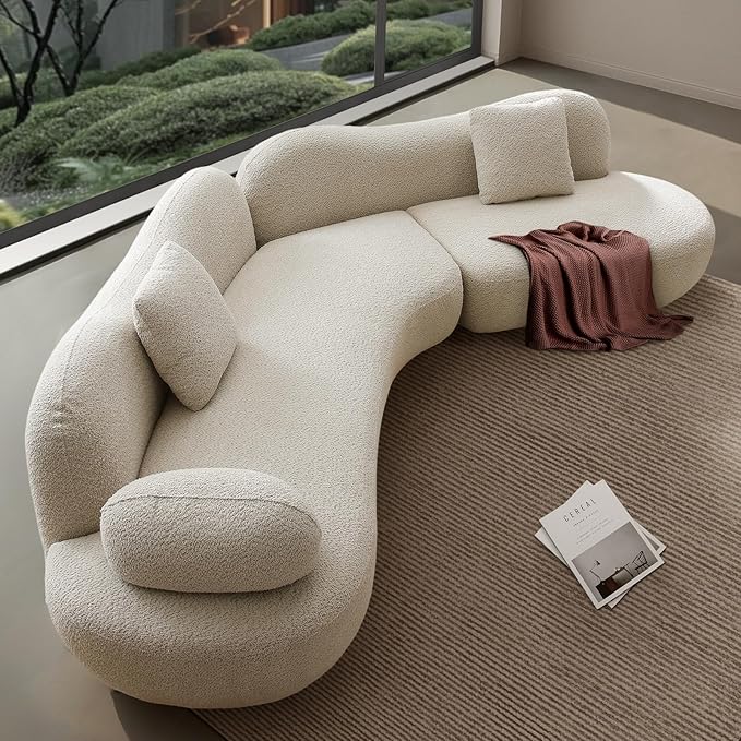 128" Luxury Curved Sectional Sofa with Ottoman, 6-Seater Boucle Couch Cloud Like Modular Sofa, Curved Sofas for Living Room, Luxury Couches with Butterfly Backrest Pillows (Beige)