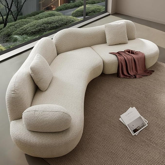 128" Luxury Curved Sectional Sofa with Ottoman, 6-Seater Boucle Couch Cloud Like Modular Sofa, Curved Sofas for Living Room, Luxury Couches with Butterfly Backrest Pillows (Beige)