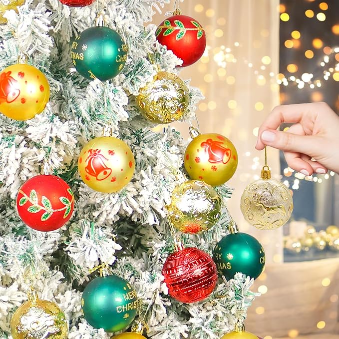 40PCS 2.36" Christmas Balls Ornaments, Plastic Christmas Tree Ornaments, Holiday Baubles, Hanging Decorations for Xmas Trees Holiday Party, Gold Red Green Baubles