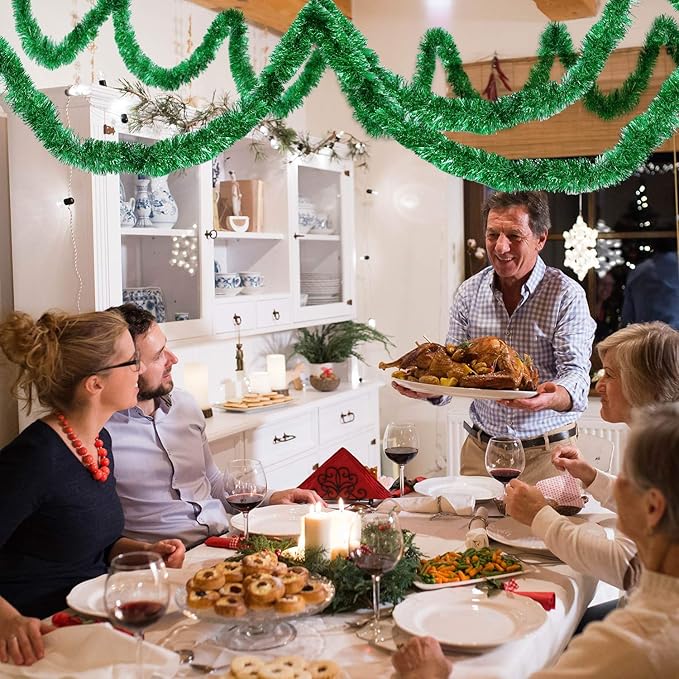 WILLBOND 50 ft Christmas Tinsel Garland Metallic Tinsel Twist Garland Christmas Tree Decorations New Year Wedding Birthday Hanging Decorations Party Supplies, 3 Inch(Green)