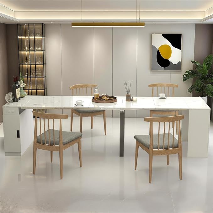 24''- 118'' Extendable Dining Room Table, Expandable Dining Table, Modern Large Table, for 2-12 Person(with Cabinet & Outlet), White Marble