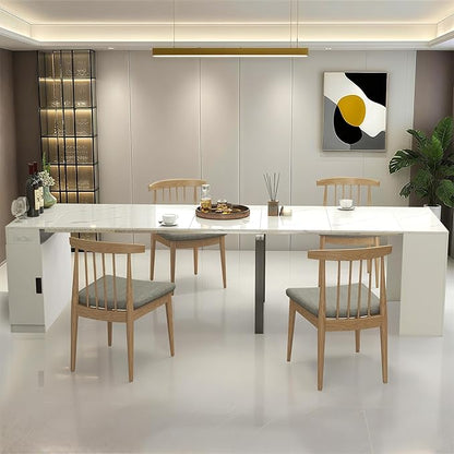 24''- 118'' Extendable Dining Room Table, Expandable Dining Table, Modern Large Table, for 2-12 Person(with Cabinet & Outlet), White Marble
