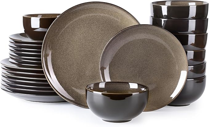LERATIO Ceramic Dinnerware Sets for 8,Stoneware Plates and Bowls Sets,Handmade Reactive Glaze Dishes Set,Chip Resistant and Scratch Resistant | Oven&Dishwasher & Microwave Safe-Espresso Brown(24PCS)