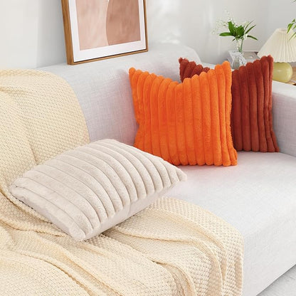 decorUhome Faux Fur Throw Pillow Covers 22x22 Set of 2, Decorative Soft Plush Striped Neutral Euro Pillow Covers with Velvet Back for Bed, Living Room Home Decor, Beige