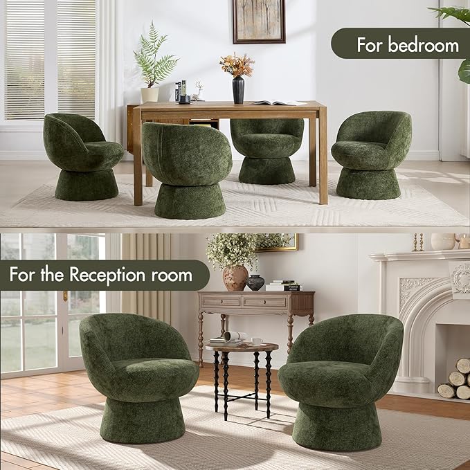 360° Swivel Accent Chair with Curved Back, Modern Green Chenille Upholstered Round Barrel Chair, Bucket Vanity Armchair for Small Space,Living Room, Bedroom