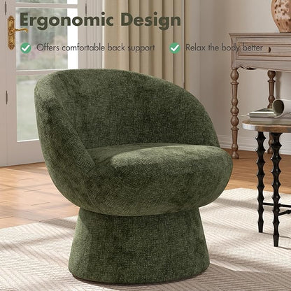 360° Swivel Accent Chair with Curved Back, Modern Green Chenille Upholstered Round Barrel Chair, Bucket Vanity Armchair for Small Space,Living Room, Bedroom