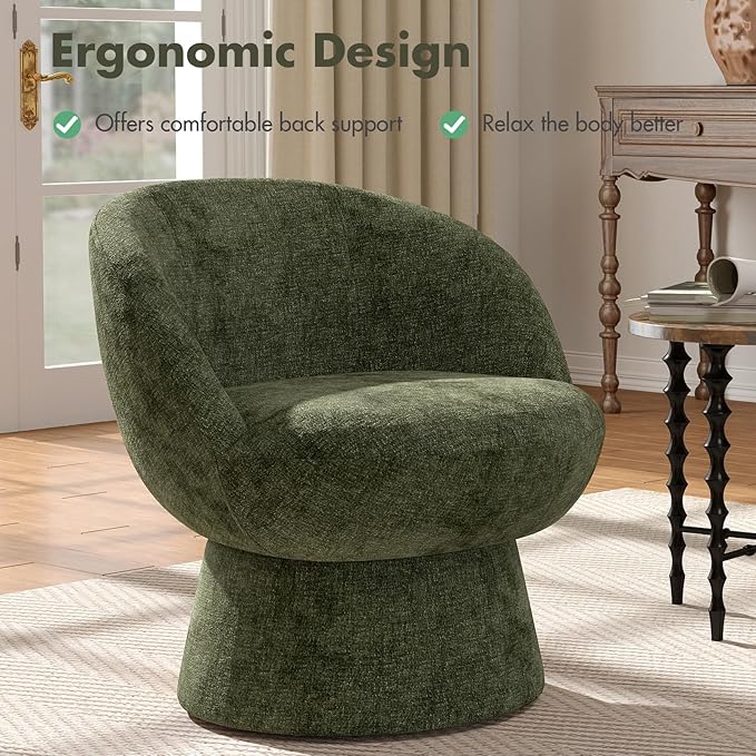 360° Swivel Accent Chairs Set of 2, Modern Green Chenille Upholstered Round Barrel Chair with Curved Back, Bucket Vanity Armchair for Small Space,Living Room, Bedroom