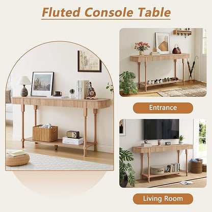 63'' Fluted Console Table with 2 Drawers, 2-Tier Long Entryway Tables with Open Storage, Wooden Narrow Sofa Table Behind Couch, Foyer Accent Table for Living Room, Hallway, Entrance (Natural)