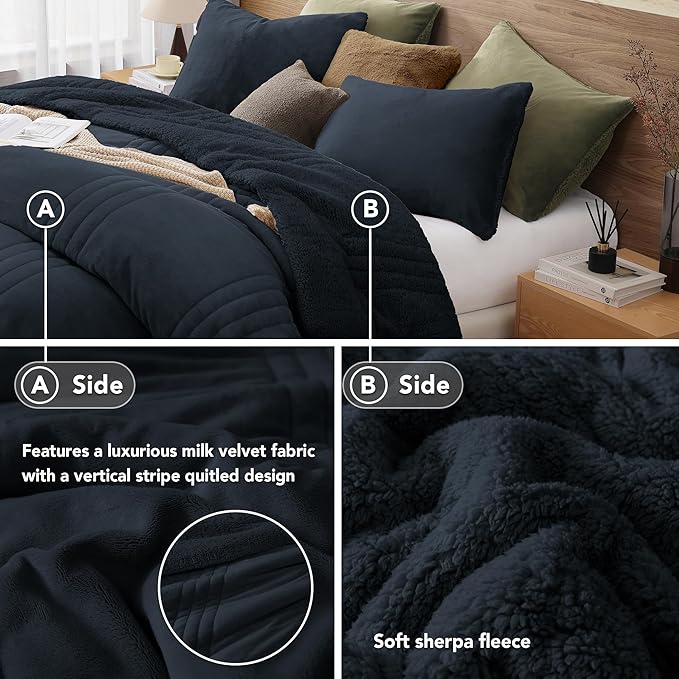 Monbix Fluffy Full Comforter Set Navy Blue, Sherpa Plush Fuzzy Comforter 3 Piece for Full Size Bed, Luxury Soft Winter Warm Bedding Set