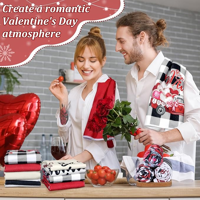 Oudain Valentines Kitchen Towels Set of 6 Red Hearts Gnome Holiday Tabletop Decor