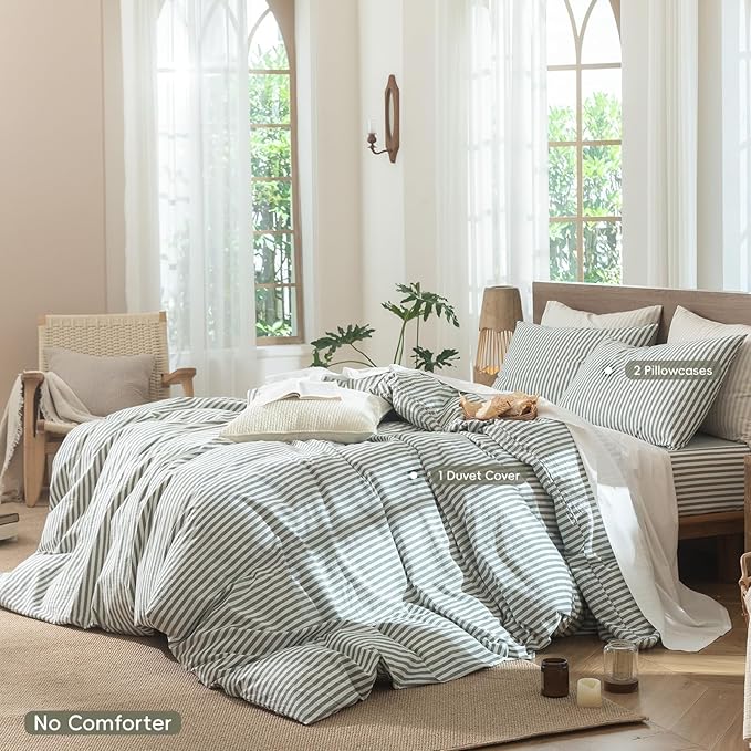 MooMee Striped Duvet Cover Set 100% Washed Cotton Linen Like Textured Breathable Durable Soft Comfy (Heathered Green Classic Stripes, King 104"x90")