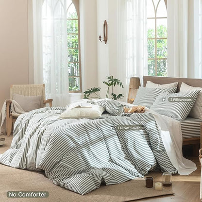 MooMee Striped Duvet Cover Set 100% Washed Cotton Linen Like Textured Breathable Durable Soft Comfy (Heathered Green Classic Stripes, Oversized Queen 98"x98")