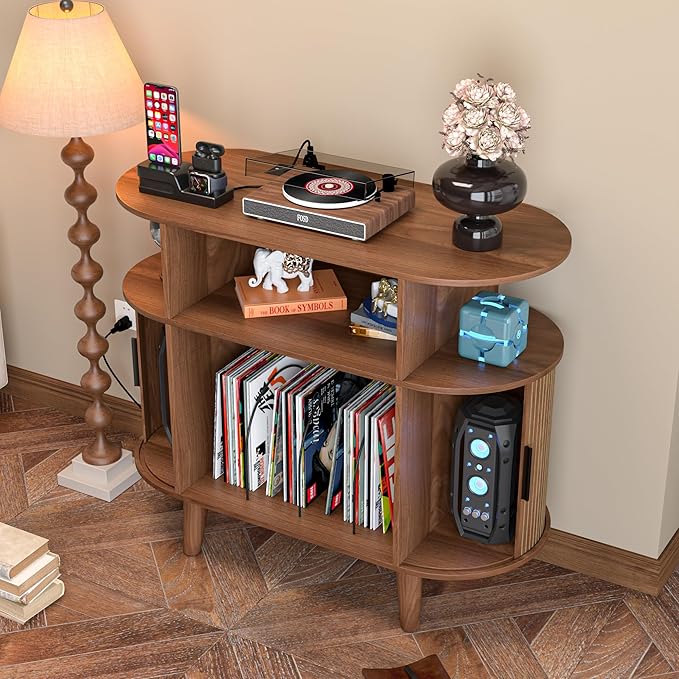 Large Round Record Player Stand with Charging Station & USB Ports，Record Storage Cabinet, Mid Century Modern Turntable Stand Console for Bedroom Living Room (Small Brown)