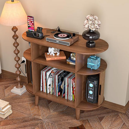 Large Round Record Player Stand with Charging Station & USB Ports，Record Storage Cabinet, Mid Century Modern Turntable Stand Console for Bedroom Living Room (Small Brown)
