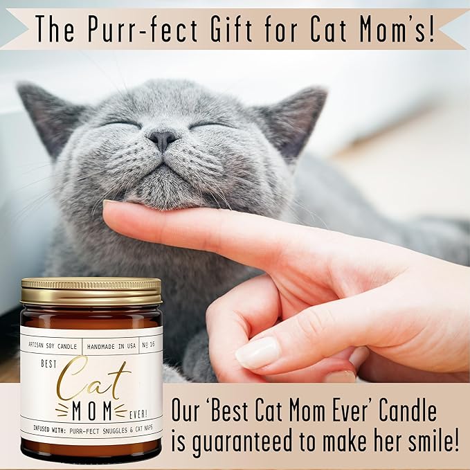 Cat Mom Gifts, Cat Gifts for Women Unique, Cat Lover Gifts for Women - 'Best Cat Mom Ever' Candle, w/Vanilla, Coconut & Vetiver I Cat Decor Themed I Cat Gifts for Cat Lovers I 50Hr Burn, USA Made