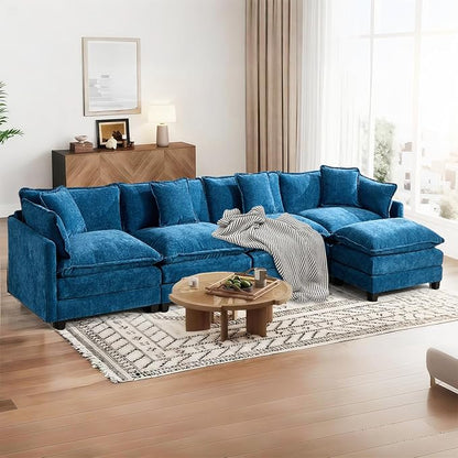 SoarFlash 143.2" Chenille Sectional Sofa, Comfy L Shaped Modular Coush Sofa with Ottoman, Modern 4 Seat Couch Deep Seat Sofa Set for Living Room,Blue