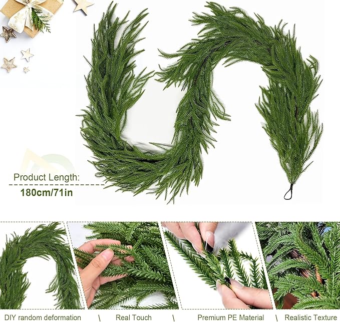6FT Norfolk Pine Garland, Christmas Artificial Faux Greenery Garland Real Touch Holiday Decorations for Holiday Wreaths, Craft DIY and Home Xmas Decorations