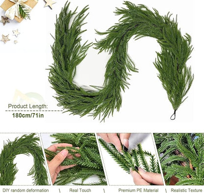 6FT Norfolk Pine Garland, Christmas Artificial Faux Greenery Garland Real Touch Holiday Decorations for Holiday Wreaths, Craft DIY and Home Xmas Decorations