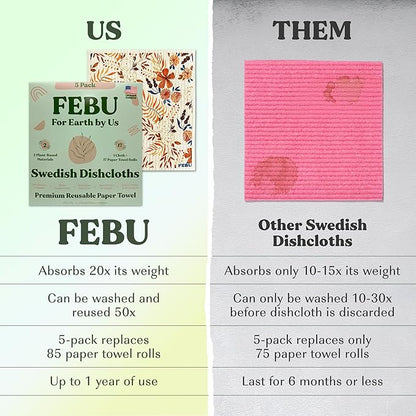 FEBU Swedish Dishcloths for Kitchen 5 Pack Fresh Flowers Reusable Washable Absorbent Dish Towels