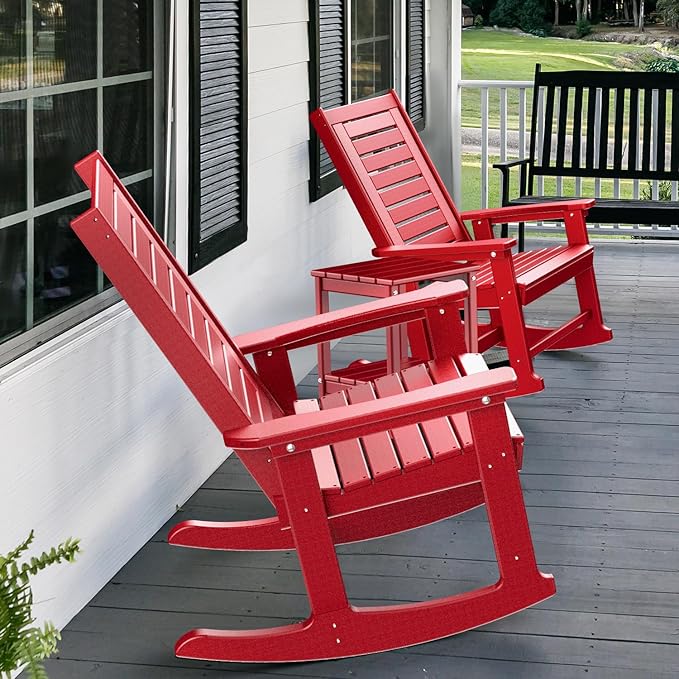 GREENVINES Outdoor Rocking Chairs | Porch Rocker | HDPE Plastic | Red | Oversized Rockers | High Back | Big & Tall | Ladder Back | for Patio Outside Backyard Balcony Garden