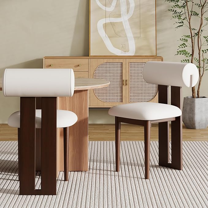2PCS Modern Dining Chairs – White PU Leather Upholstered Dining Room Chair, Mid Century Kitchen Side Chairs with Brown Solid Wood Legs – No Assembly Required