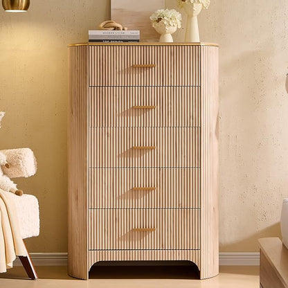 Fluted 5 Drawer Tall Dresser with Curved Profile,47.8" Tall Drawers with Reeded Texture,Gold Handles Storage Organizer Cabinet for Bedroom,Living Room,Entryway,Light Oak