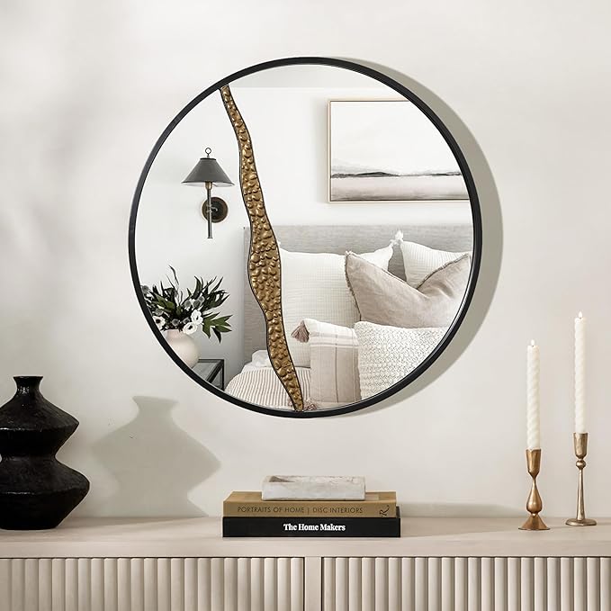 LuxenHome 30" Round Wall Mirror, Goldrush Black Metal Frame Wall Decor Large Circle Decorative Accent Mirror for Bathroom Bedroom Entryway Living Room Decoration