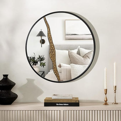 LuxenHome 30" Round Wall Mirror, Goldrush Black Metal Frame Wall Decor Large Circle Decorative Accent Mirror for Bathroom Bedroom Entryway Living Room Decoration