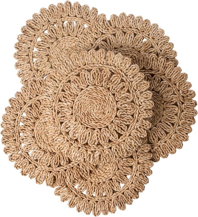 11.8" Set of 6 Round Corn Husk Placemats | Boho Woven Rattan Table Mats | Farmhouse Wicker Spring Plate Chargers Like Water Hyacinth, Seagrass for Wedding, Party, Christmas, Events