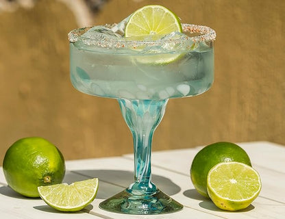 16 oz Hand Blown Mexican Margarita Glasses Set of 4 - Ocean-Blue Confetti