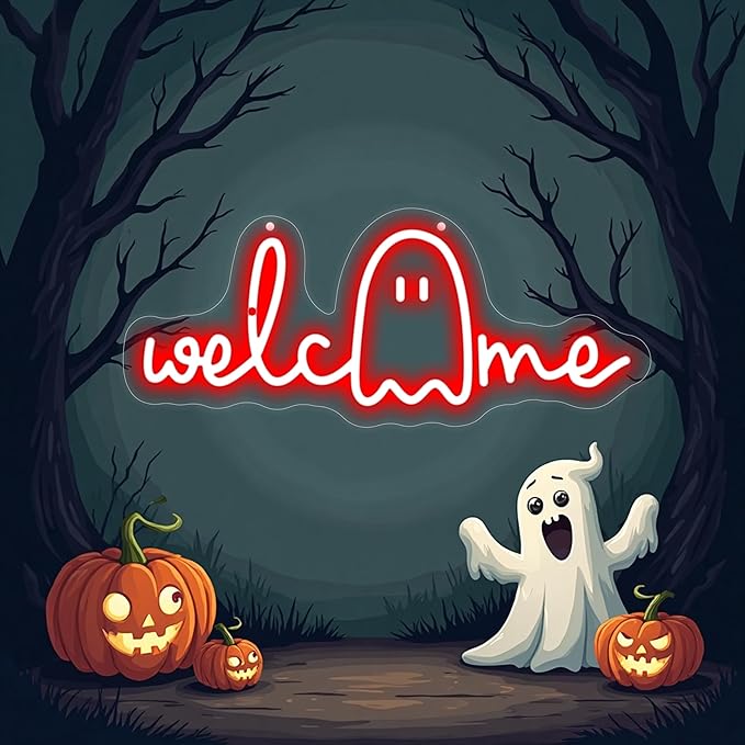 Welcome Ghouls Neon Sign, Spooky Ghost LED Halloween Decor, Haunted House Entryway Light, Available Gothic Haunted Mansion Light for Bedroom Bar Cave Room Decor Party Home-Red