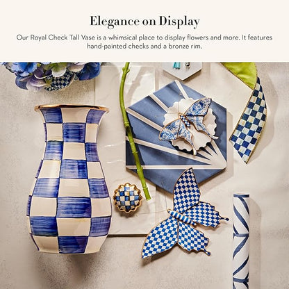 MACKENZIE-CHILDS Tall Enamel Vase, Unique Flower Vase, Decorative Table Decor for Living Room, Blue-and-White Royal Check